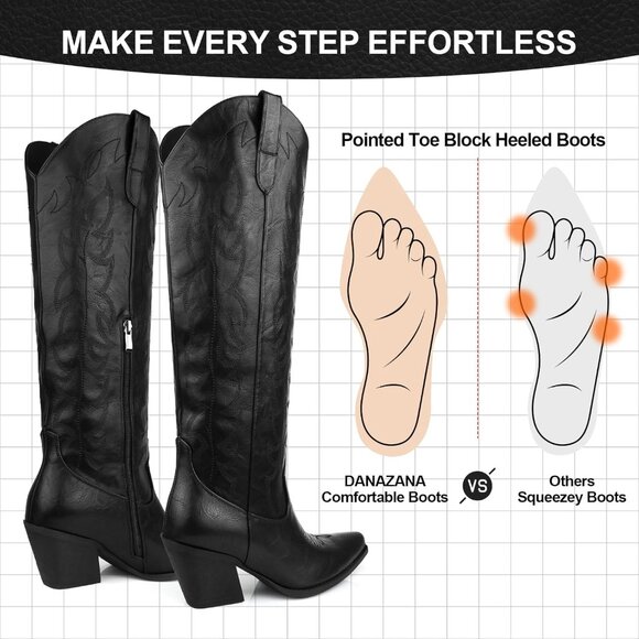 Women Black Wide Calf Rhinestones Pointed Toe Chunky Heel Embroidered Boots - Picture 5 of 7